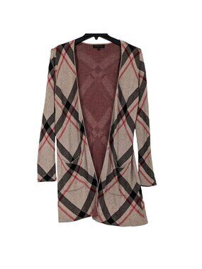 Plaid Open Front Cardigan Lightweight Knit Neutral Classic Layering Cozy Size S